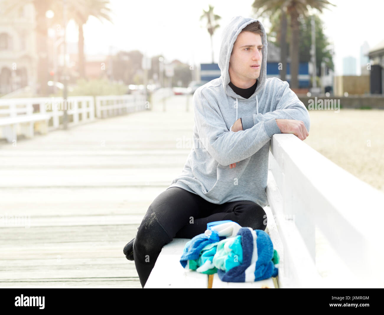 Man on promenade looking away, Melbourne, Victoria, Australia, Oceania Stock Photo