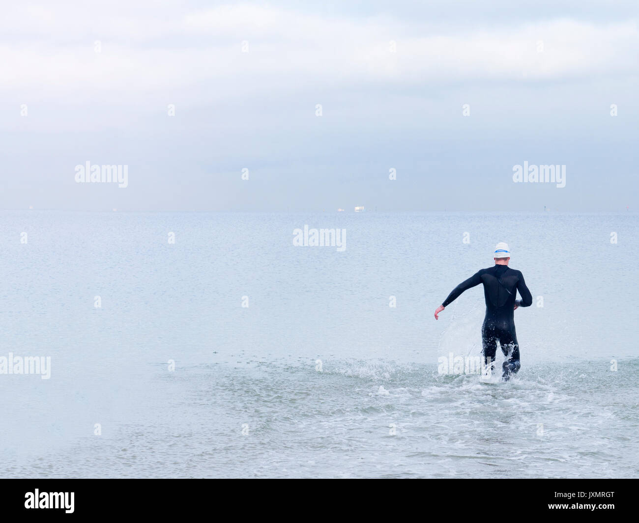 Rear view of man in wet suit and swimming cap in sea, Melbourne, Victoria, Australia, Oceania Stock Photo