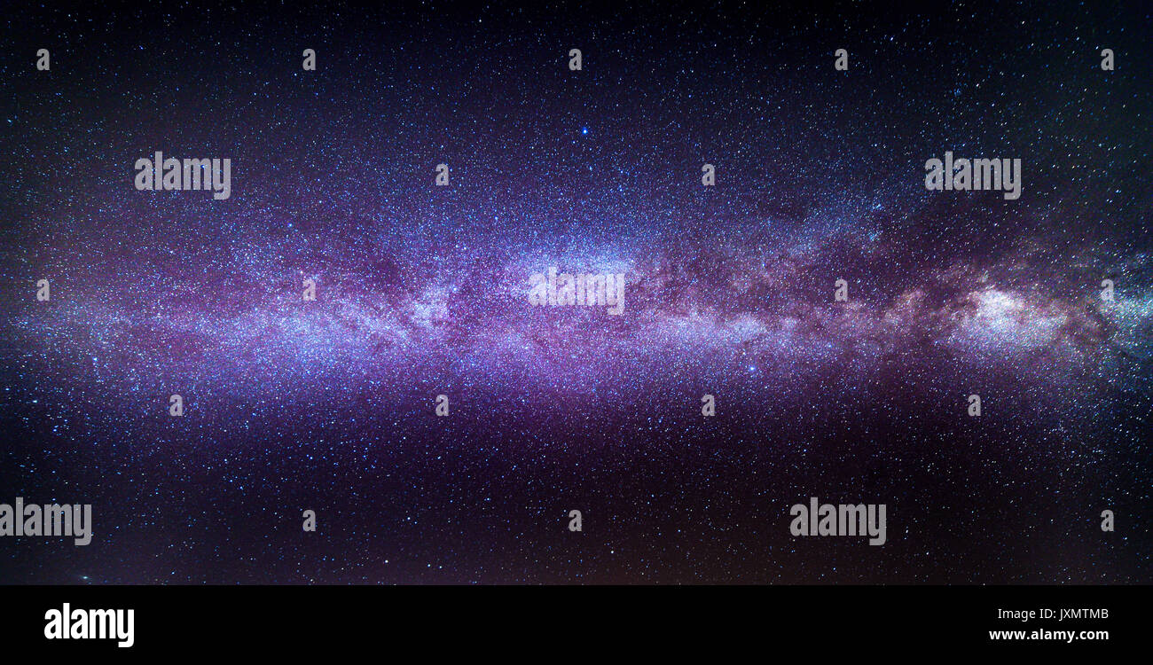 Stacked Milky Way shot with 14mm lens at f2.8, made from 17 light frames, each being a 25 second exposure at ISO2000 showing sky panorama Stock Photo