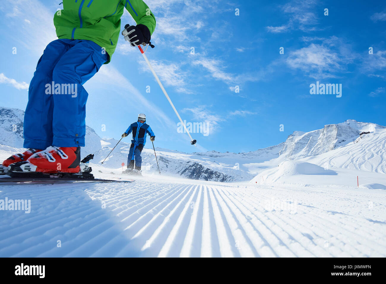 Father and son on skiing holiday, Hintertux, Tirol, Austria Stock Photo
