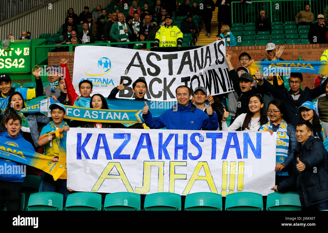 FC Astana fans show their support prior to the UEFA Champions