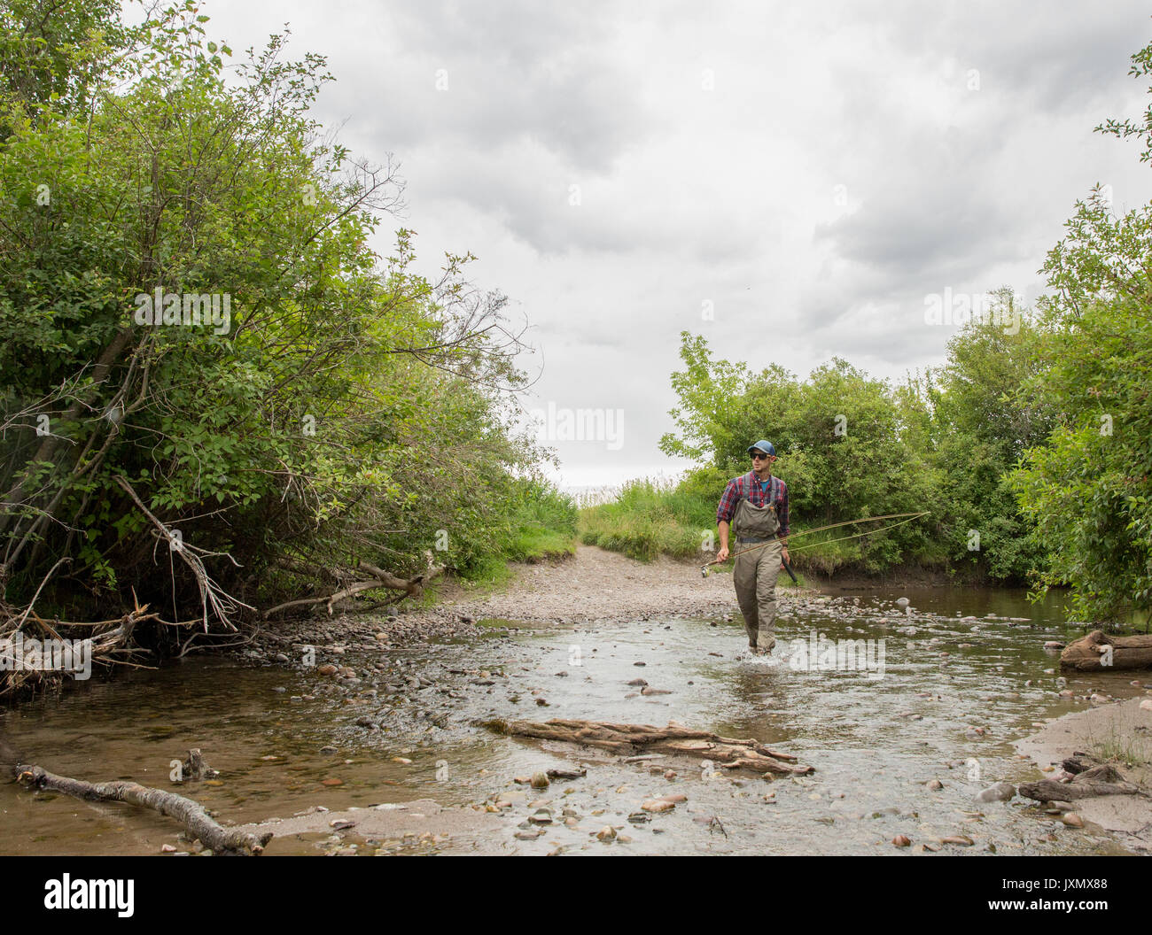 Man in river, Clark Fork, Montana and Idaho, US Stock Photo