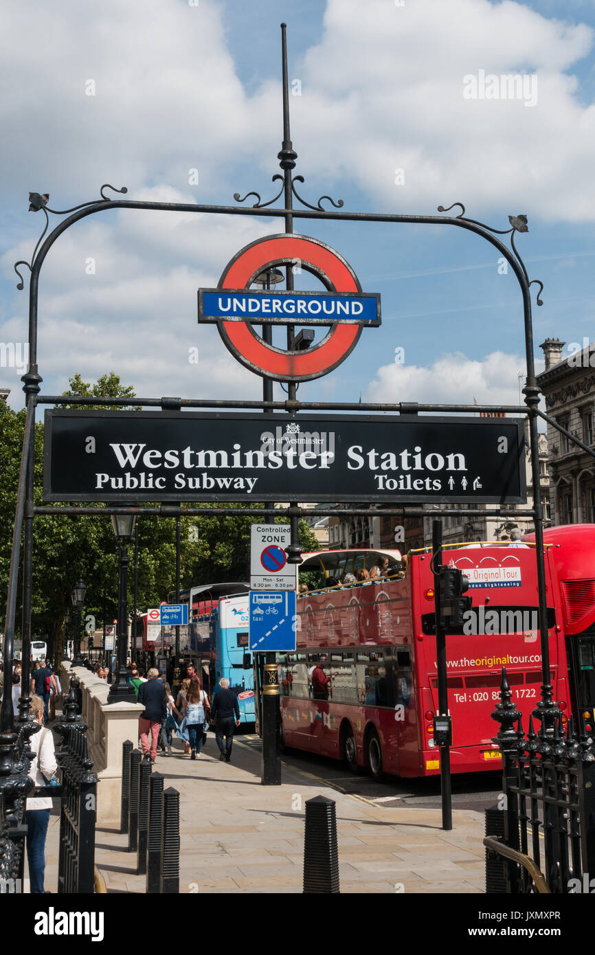 The entrance to Westminster underground station Bridge St, Westminster, London SW1A 2JR, UK Subway sign, transport for london Stock Photo
