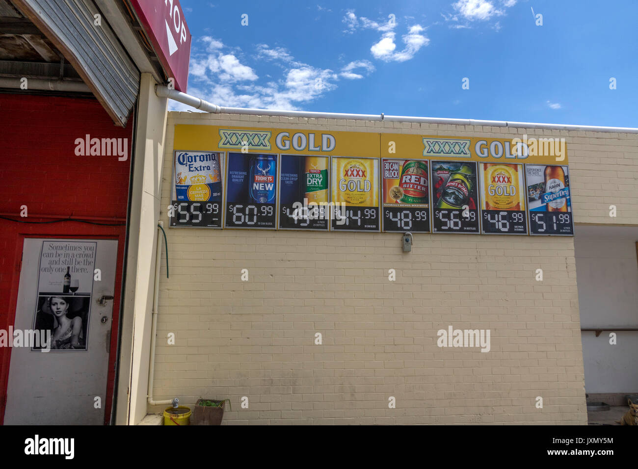 The Prices Of Beer Outside A Drive Through Bottle Shop In Eden New South Wales Australia Stock Photo