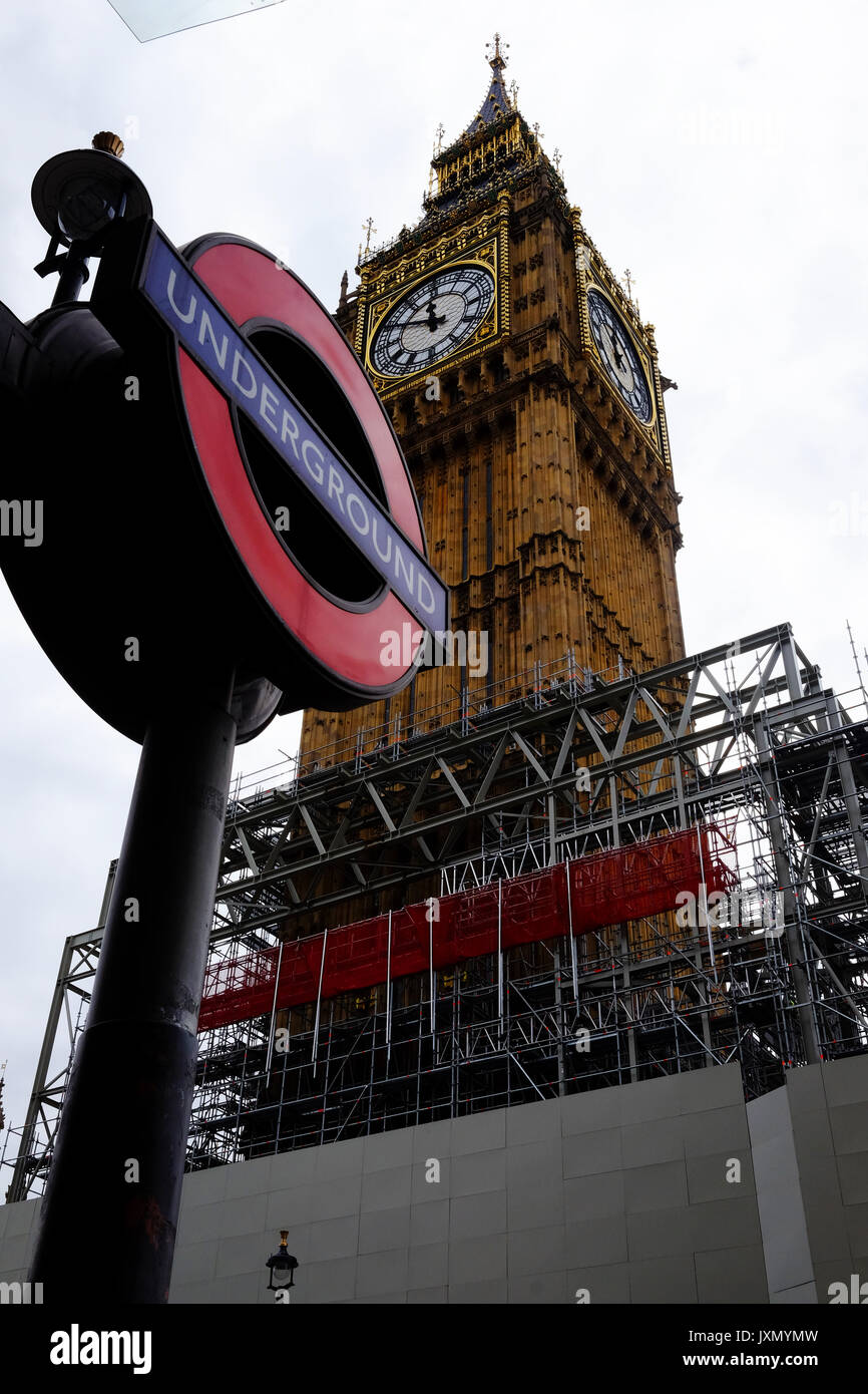 The clock tower of Big Ben, in London and the scaffolding that is the start of a £29M refurbishment that will silence The Great Bell Stock Photo