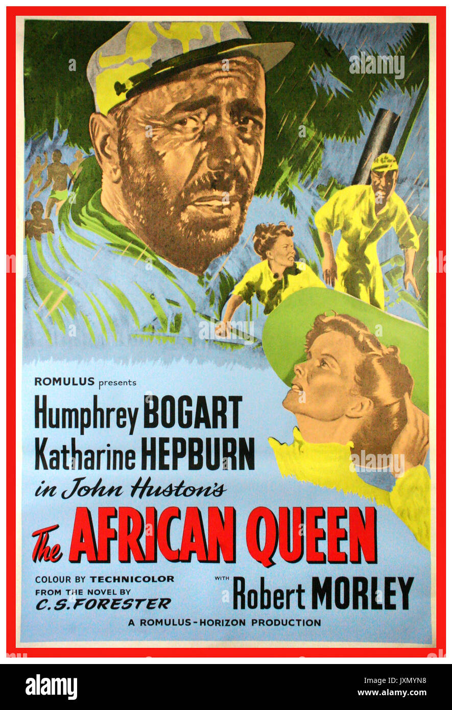 The African Queen, 1952. Vintage English Movie Poster mid 50’s. Starring Humphrey Bogart and Katharine Hepburn co-starring Robert Morley Hollywood classic  directed by John Huston and set in war contested German East Africa. Original movie film poster Stock Photo