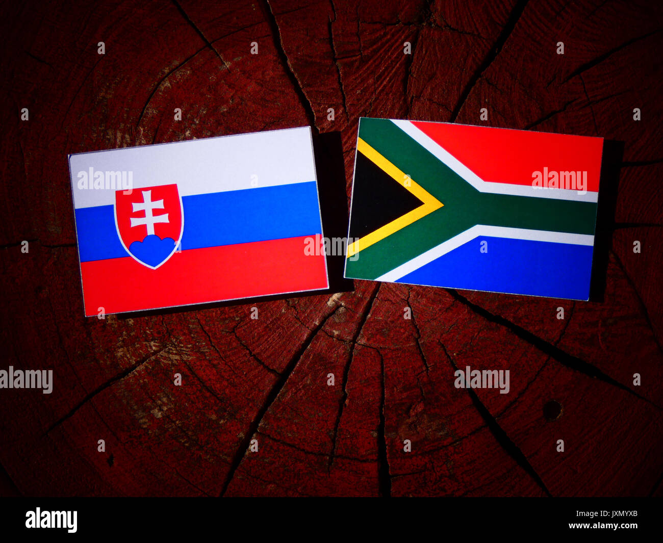 Slovakian flag with South African flag on a tree stump isolated Stock Photo