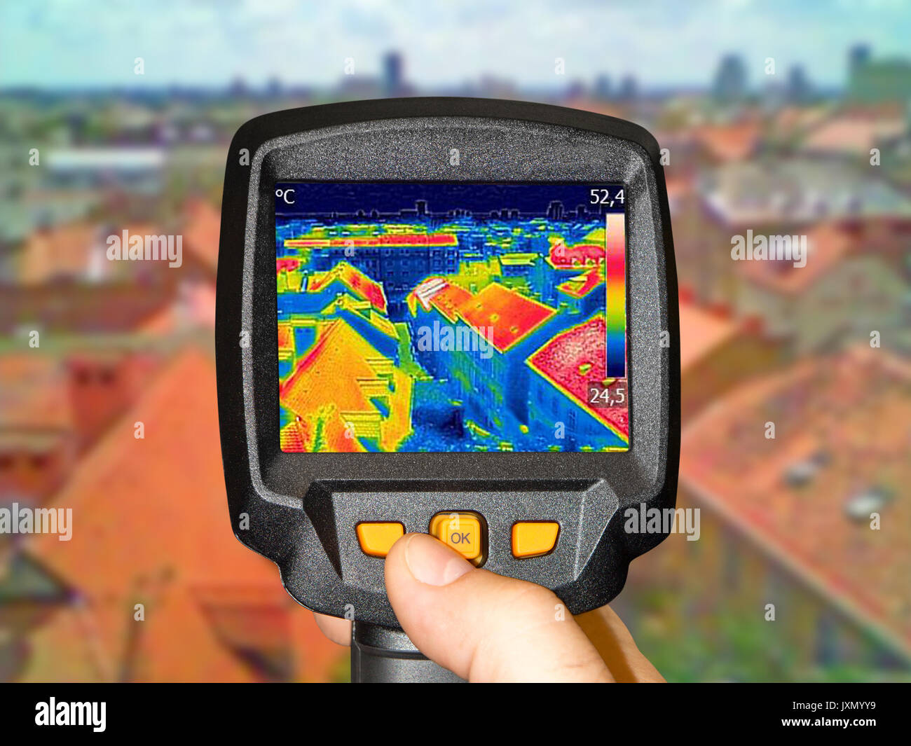 Recording panorama of Zagreb, With Thermal Camera showing difference temperature Stock Photo
