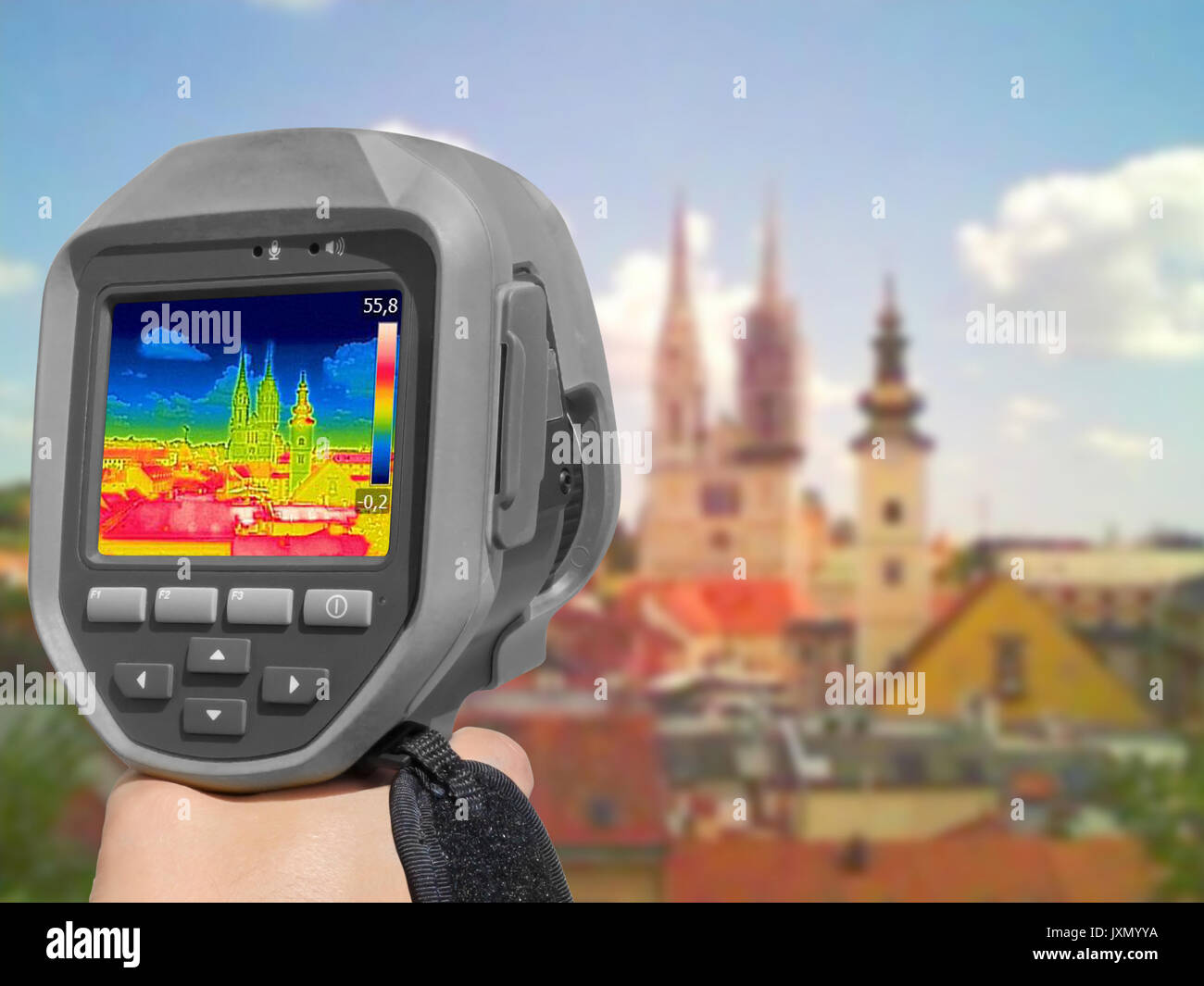 Recording panorama of Zagreb, With Thermal Camera showing difference temperature Stock Photo