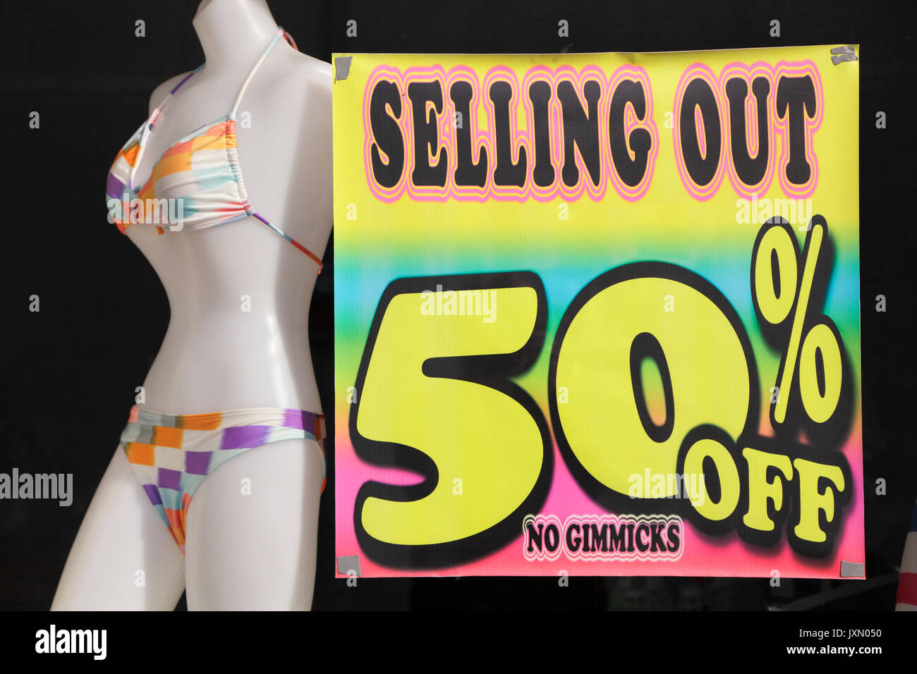 Sale sign in a store window, USA Stock Photo