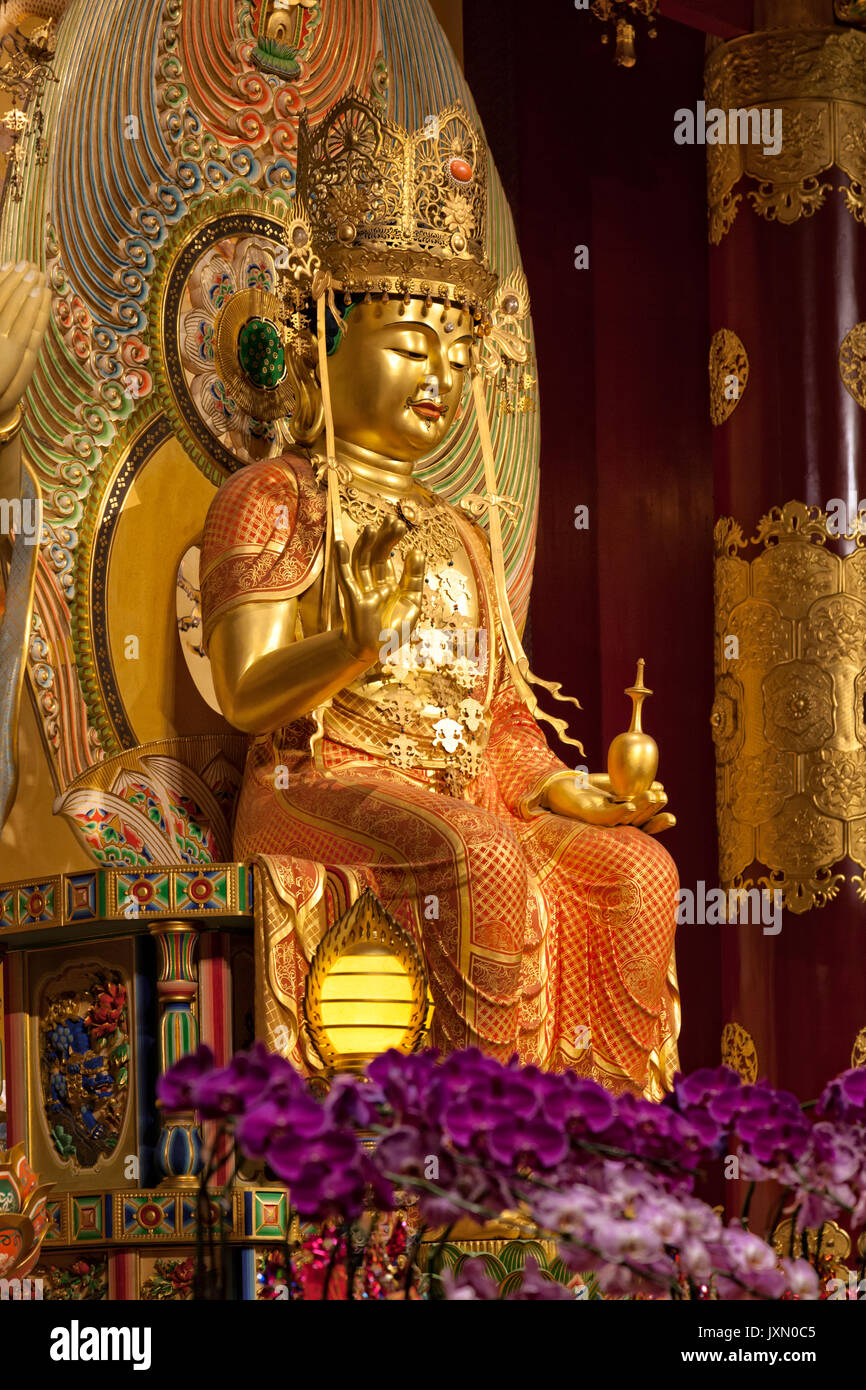 Singapore - February 21, 2016 : Main Buddha statue in the Buddha Tooth Relic Temple & Museum, Chinatown district Stock Photo