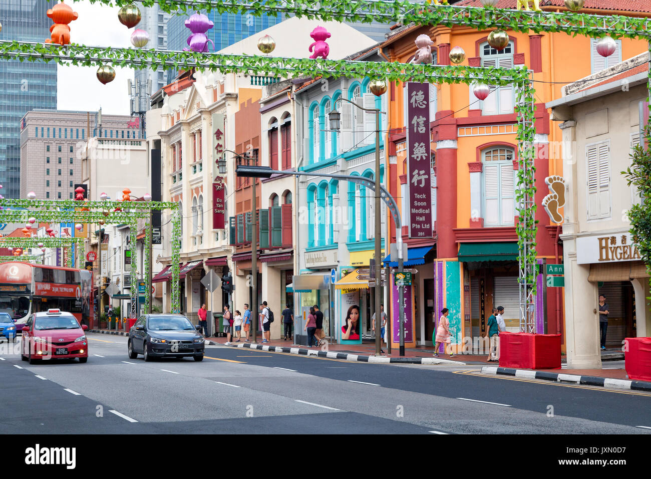 Singapore - February 21, 2016 : colorful buildings along a street in Chinatown district Stock Photo