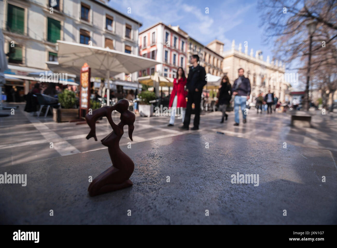 Wood carving of the maternity on a bank of plaza nueva in Granada, Spain Stock Photo