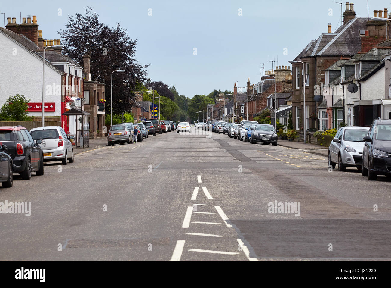 South along Edzell High Street, B966, towards the Dalhousie Arch. Angus, Scotland Stock Photo