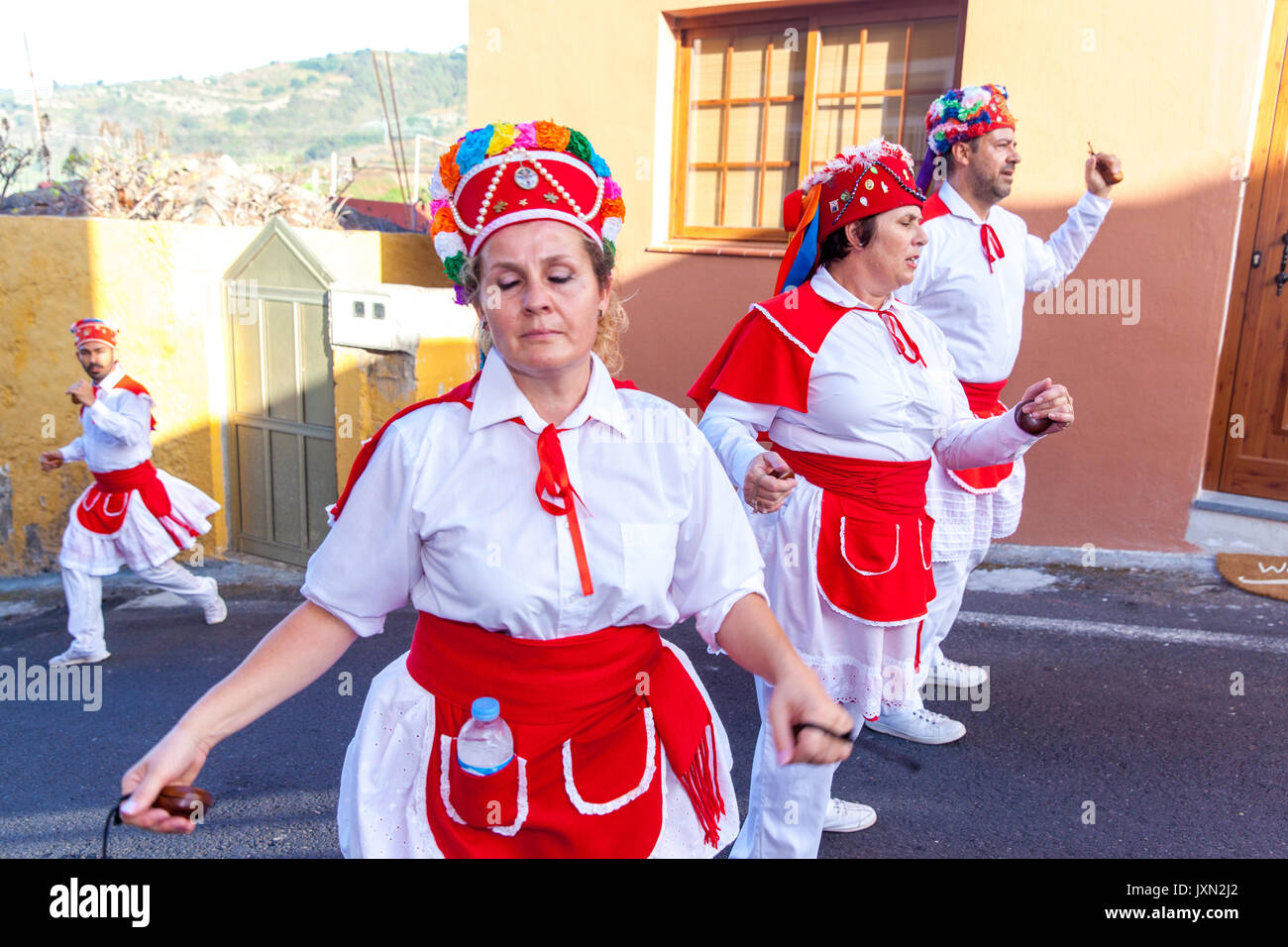young people dressed with traditional attire from El Hierro island dancing  during the Pilgrimage of Las Hayas Virgin in La Guancha municipality 2017  Stock Photo - Alamy