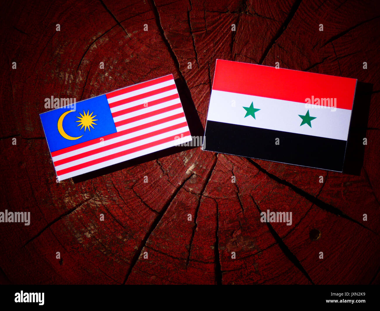 Malaysian flag with Syrian flag on a tree stump isolated Stock Photo Malaysian flag with Syrian flag on a tree stump isolated Stock Photo