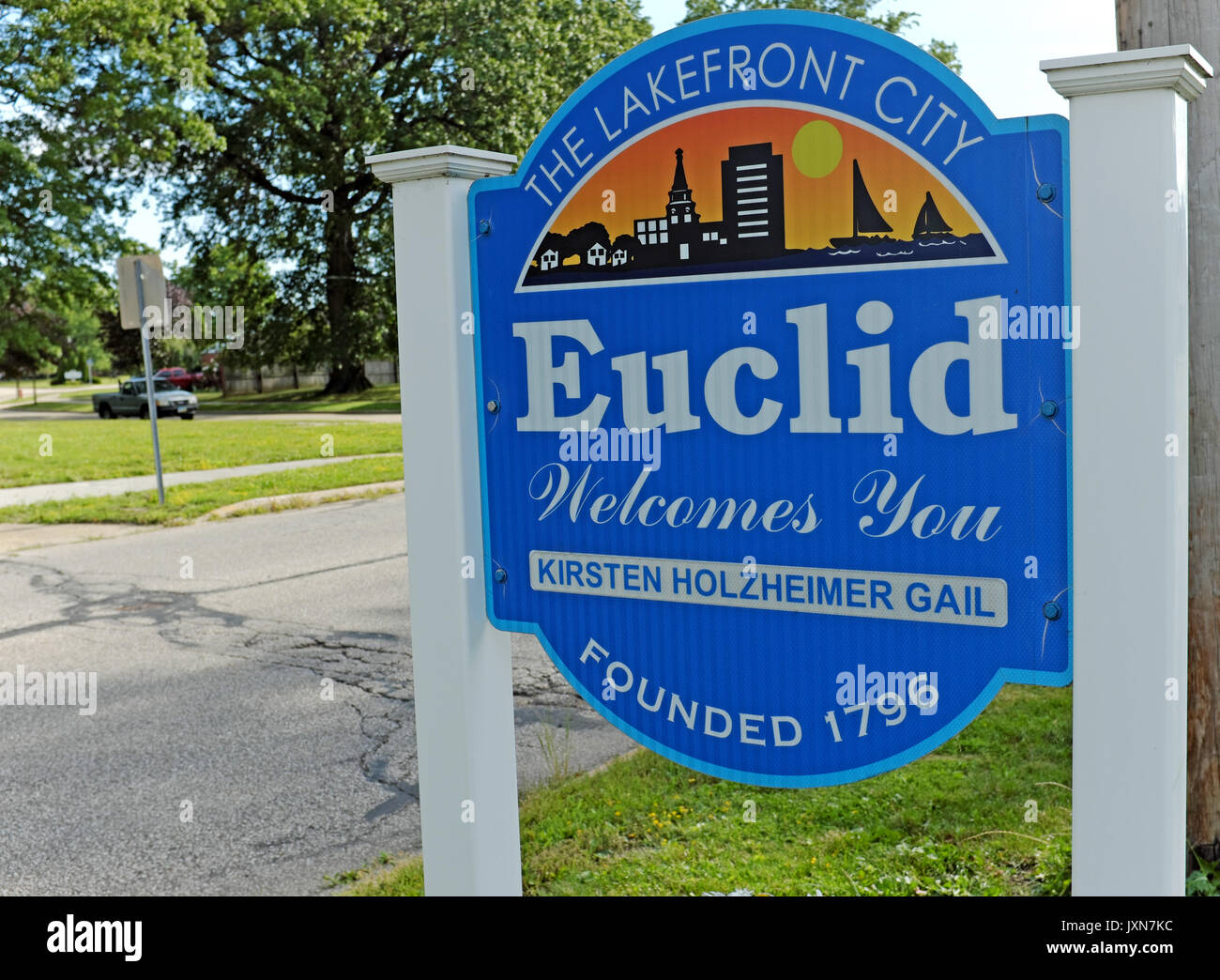 Sign welcoming people to the city of Euclid, Ohio, USA.  A suburb of Cleveland, Ohio, this 'Lakefront City' has been host to newsworthy events. Stock Photo