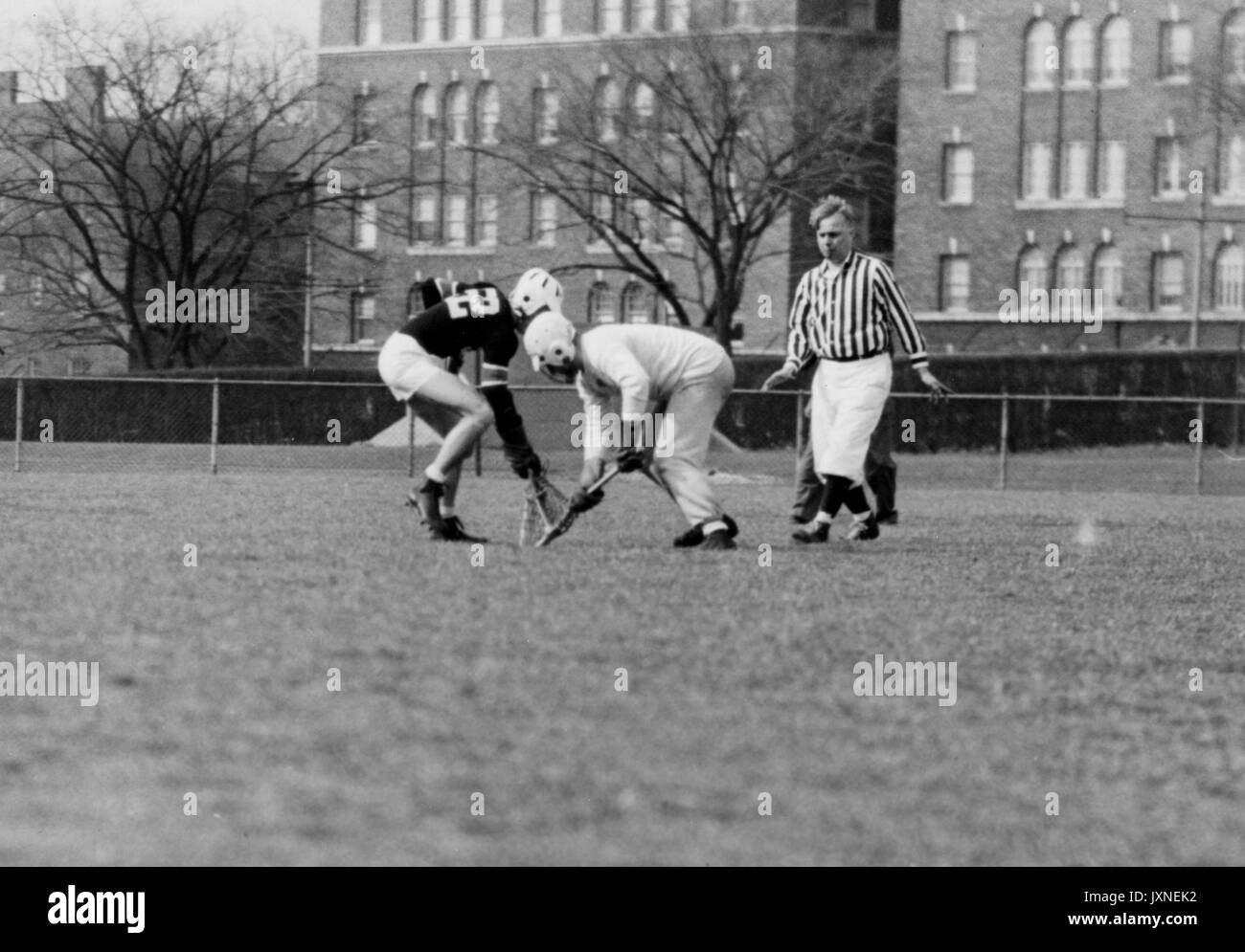 Lacrosse, Alumni Action shot from the Hopkins vs Alumni match, Opposing players are vying for the ball, 1947. Stock Photo
