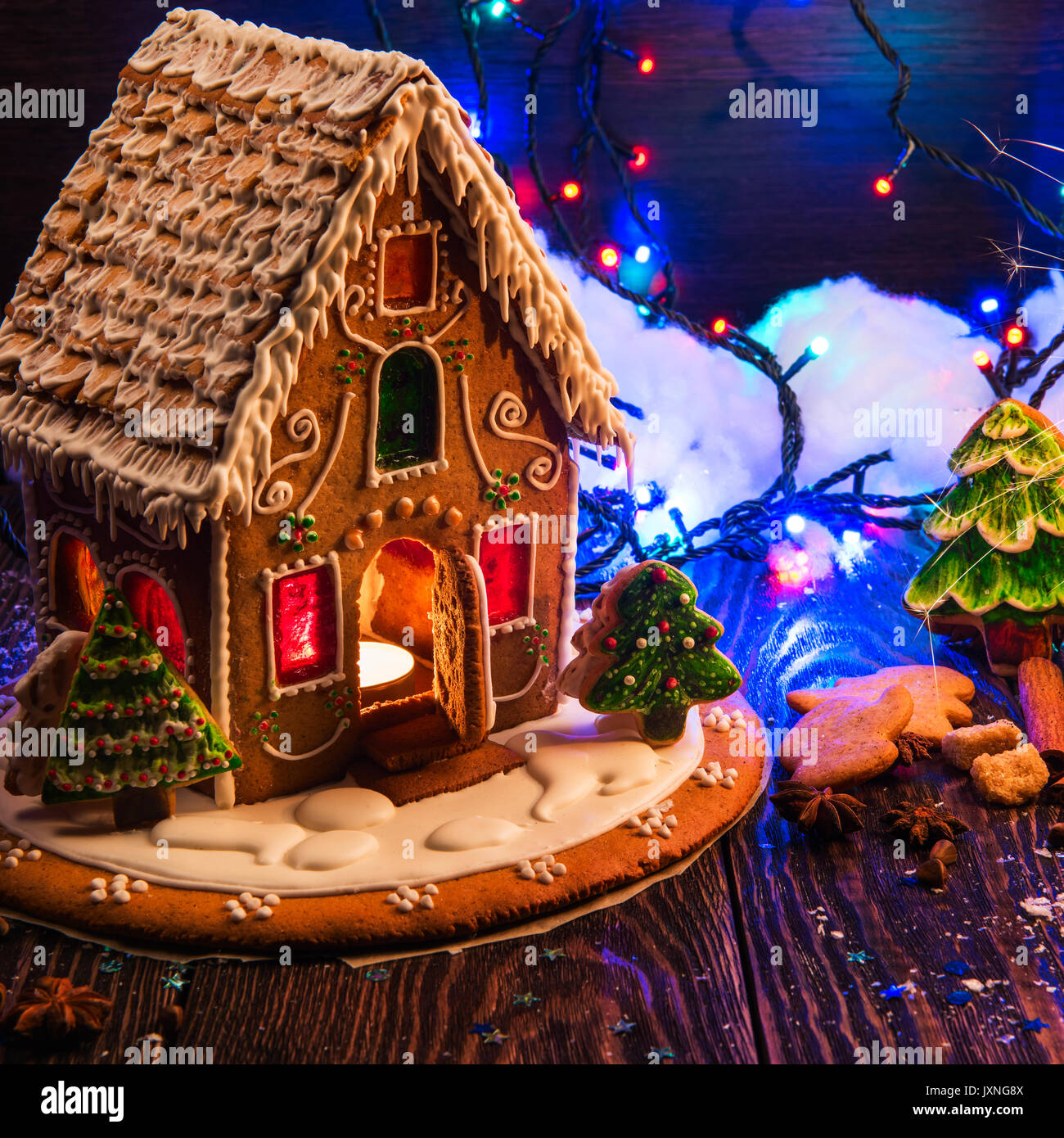 Gingerbread house with lights Stock Photo Alamy