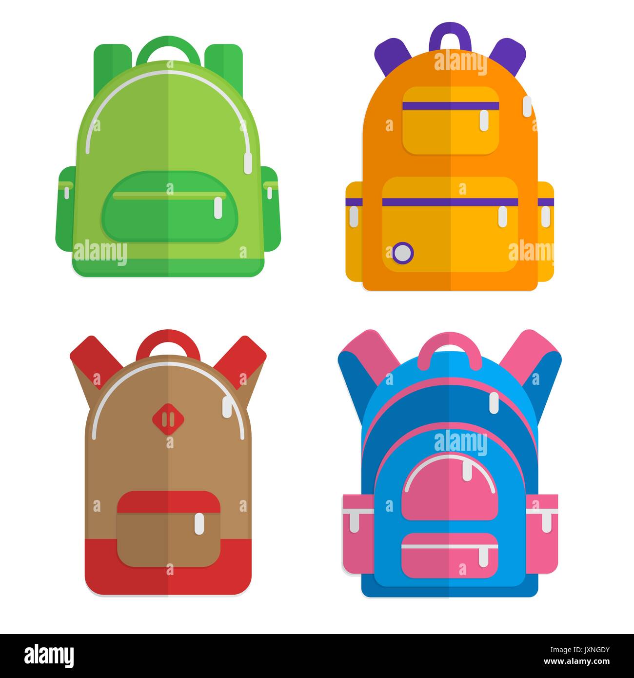 School backpacks, set of flat colored backpack. Back to school illustration. Stock Vector
