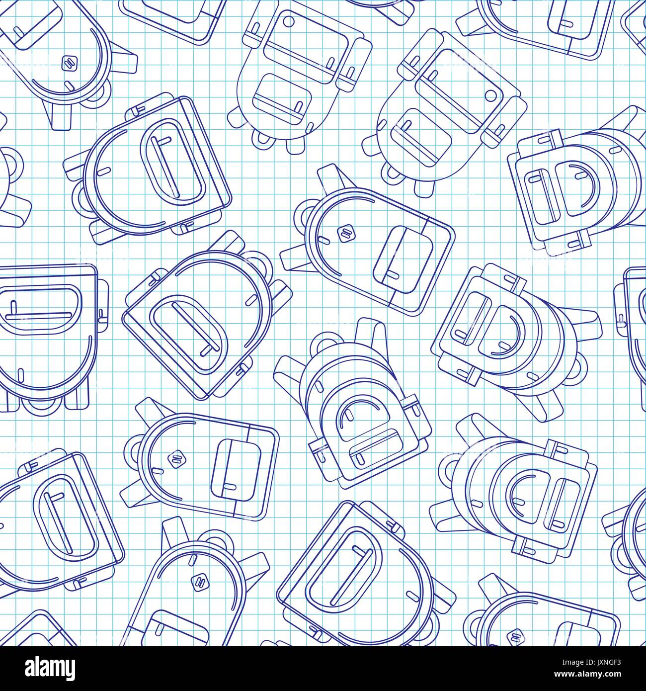 School backpack seamless background, lined backpack on white paper background. Back to school pattern. Stock Vector