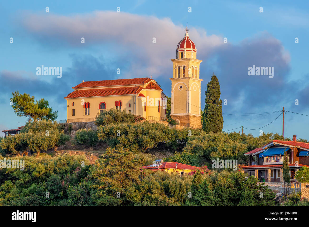 Zakynthos island with church on the top of hill in Greece Stock Photo