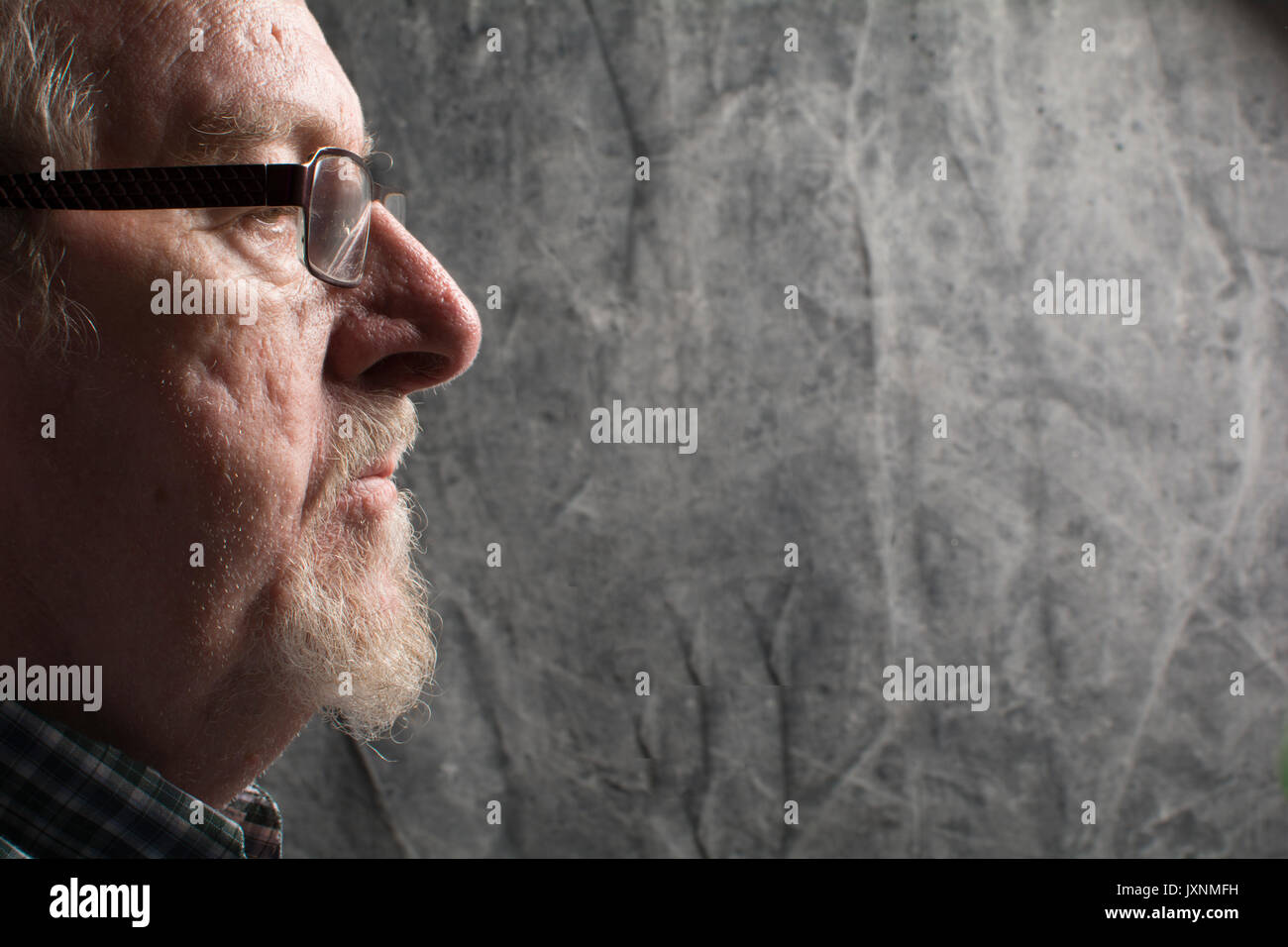profile of an older man with a beard and spectacles, in vacant or pensive mood Stock Photo