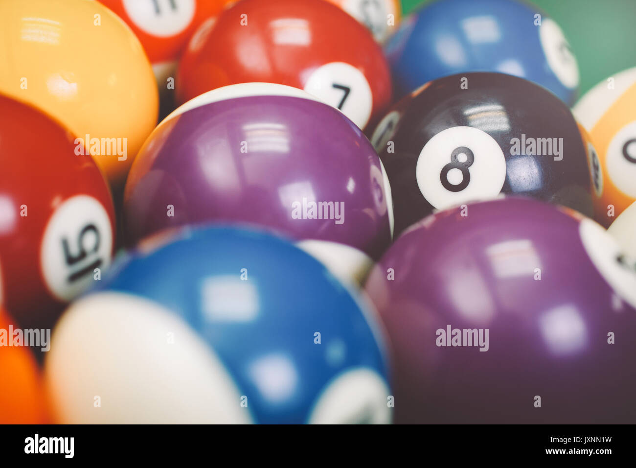 Different points of view billiard balls on a blue pool table. eight in