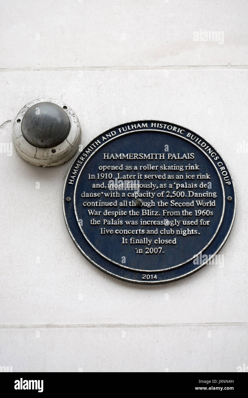 hammersmith and fulham historic buildings group plaque marking the site of hammersmith palais, hammersmith, london, england Stock Photo