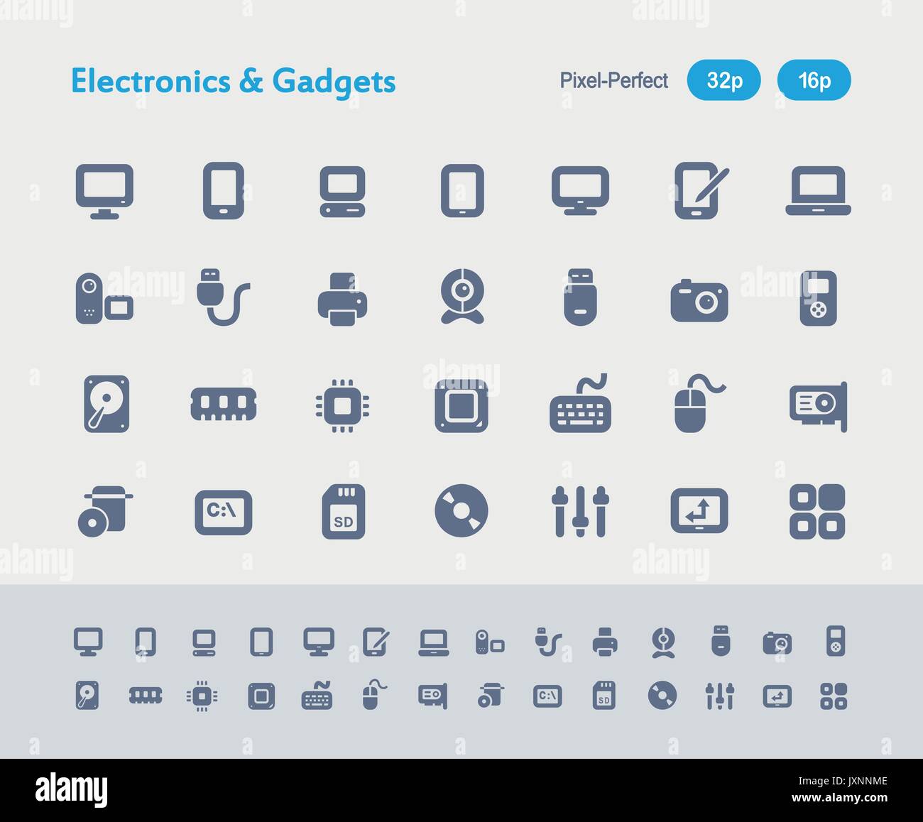 A set of 28 professional, pixel-perfect vector icons designed on a 32x32 pixel grid and redesigned on a 16x16 pixel grid for very small sizes. Stock Vector