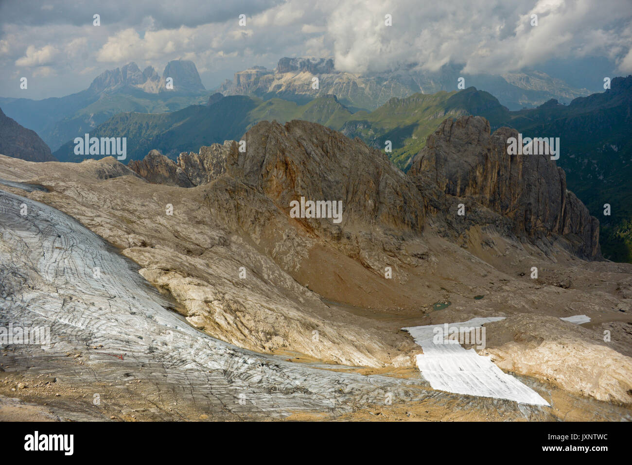 Aerial view of Marmolada glacier, Ghiacciaio della Marmolada, Marmolada, Dolomites, Melting ice Stock Photo