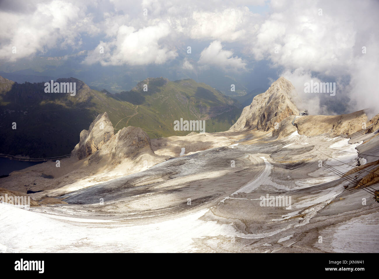 Aerial view of Marmolada glacier, Ghiacciaio della Marmolada, Marmolada, Dolomites, Melting ice Stock Photo