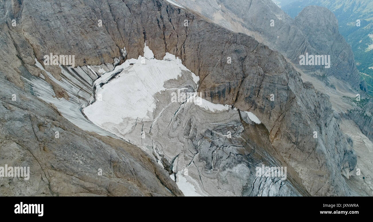 Aerial view of Marmolada glacier, Ghiacciaio della Marmolada, Marmolada, Dolomites, Melting ice Stock Photo