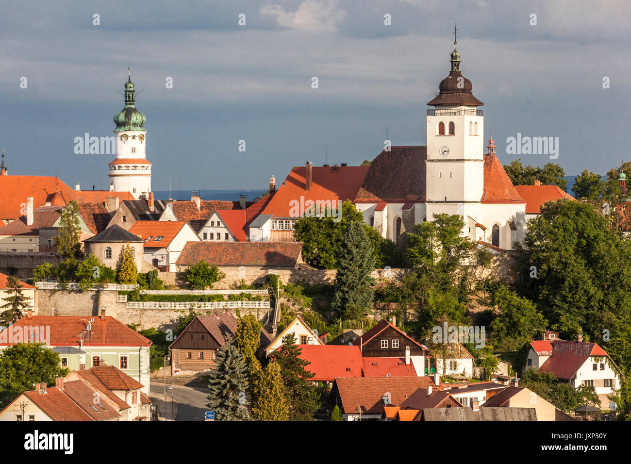 Nove Mesto Nad Metuji, cityscape with tower of Church and Castle tower Stock Photo
