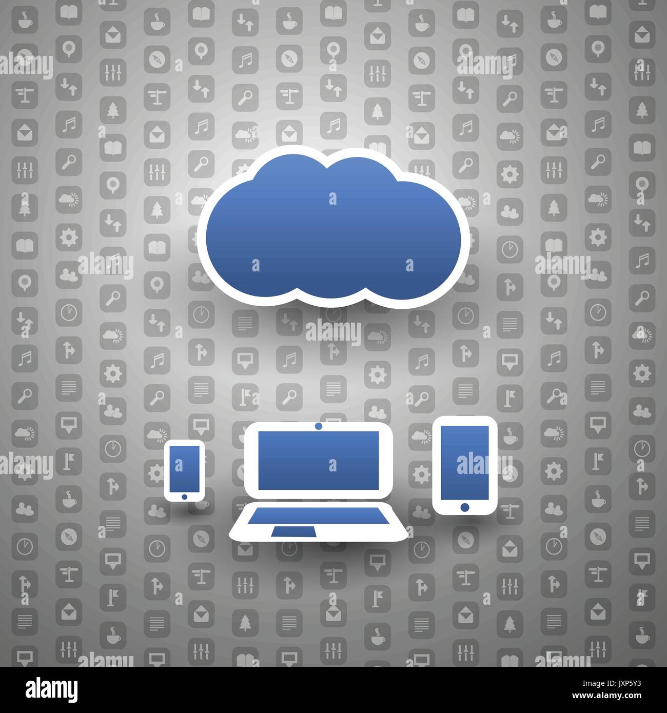 Everything Into the Global Clouds Network - Abstract Colorful Cloud Computing Concept Design with Mobile Devices, Laptop PC and Icons Vector Stock Vector
