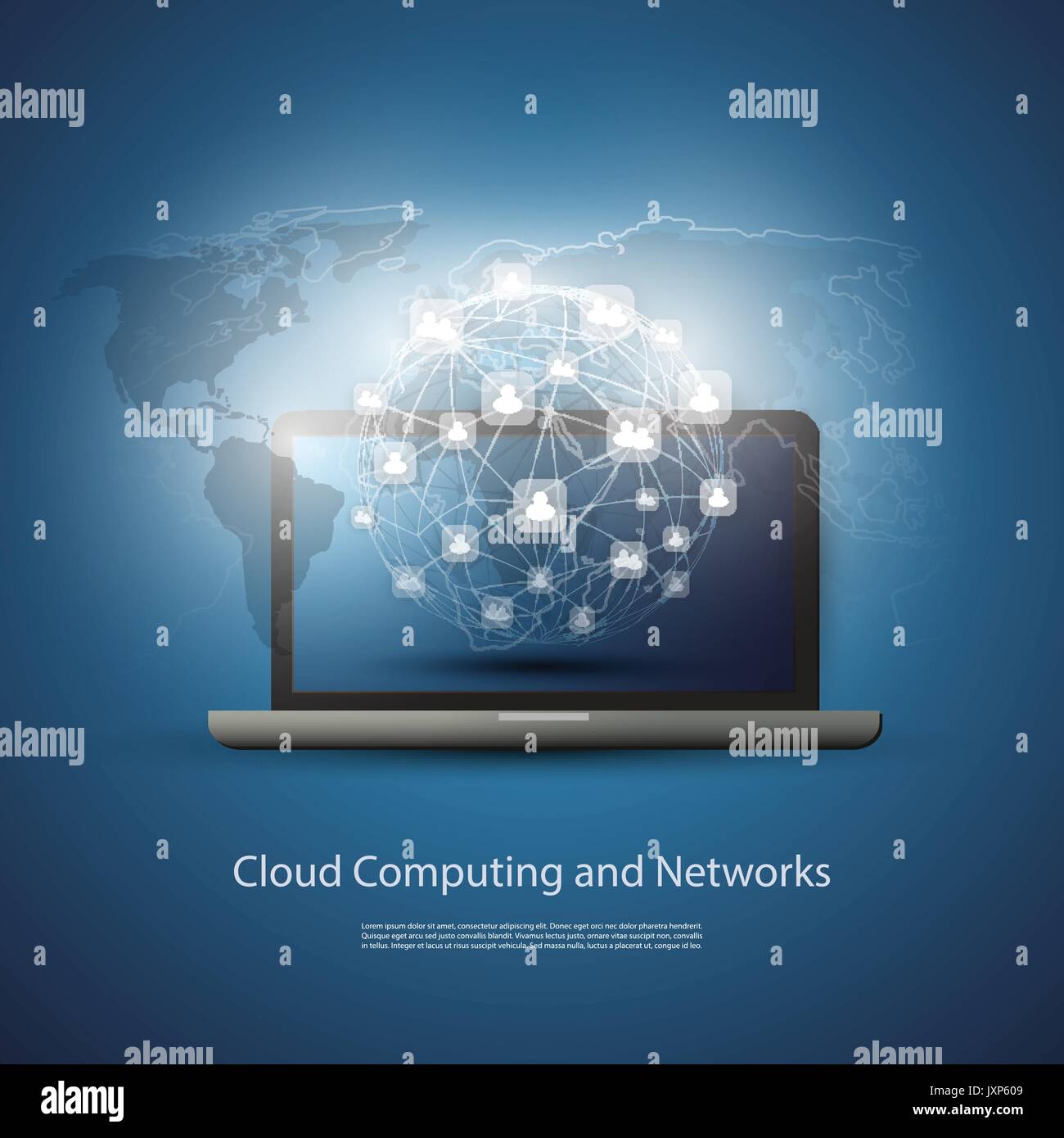 Global Connections, Networks - Blue Abstract Illustration, Cloud Computing Concept Design with World Map, Laptop PC and Connected Bubbly User Icons Stock Vector