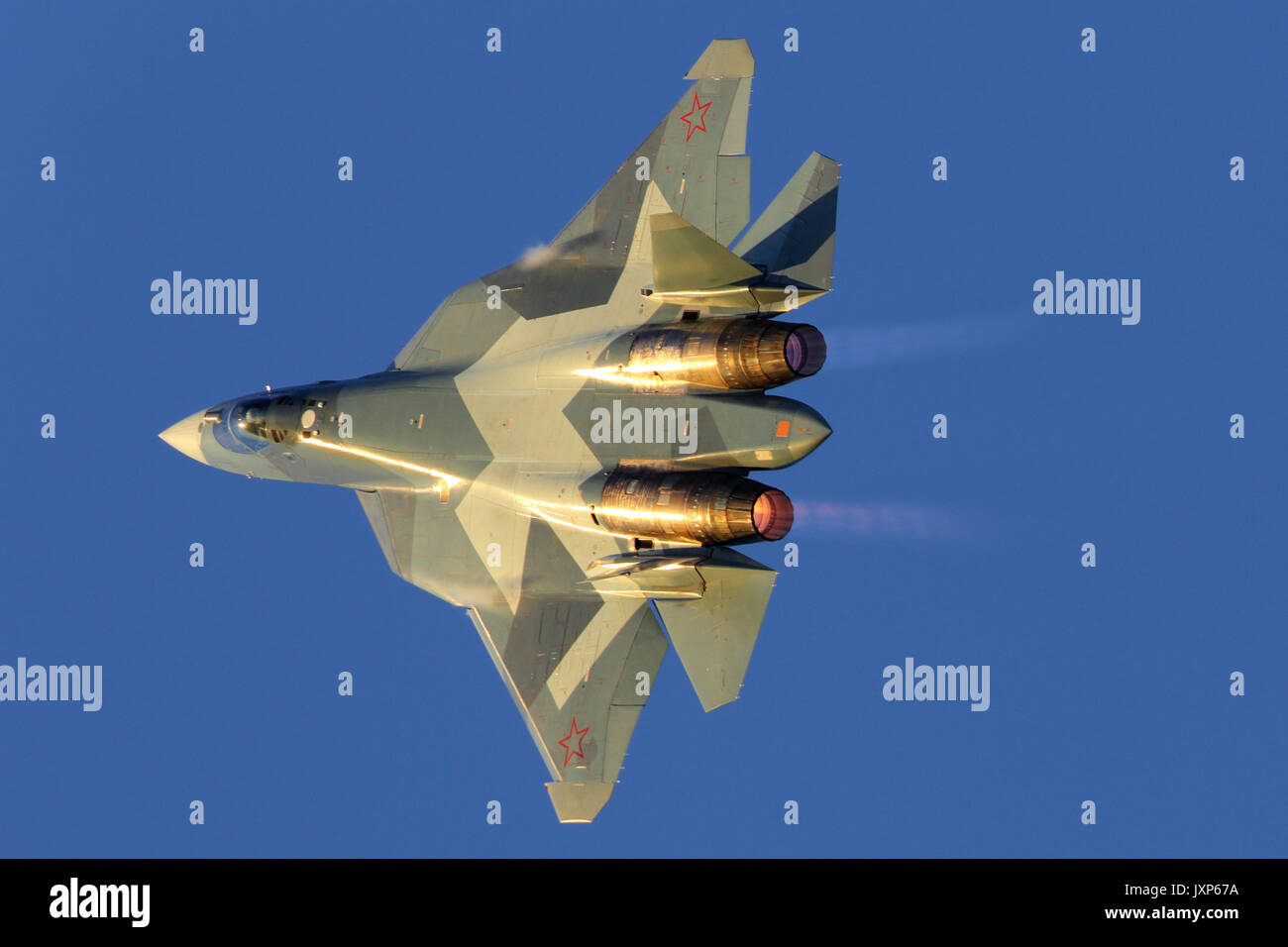 Zhukovsky, Moscow Region, Russia - August 20, 2015: Sukhoi T-50 PAK-FA 054 BLUE of russian air force perfoming demonstration flight in Zhukovsky durin Stock Photo
