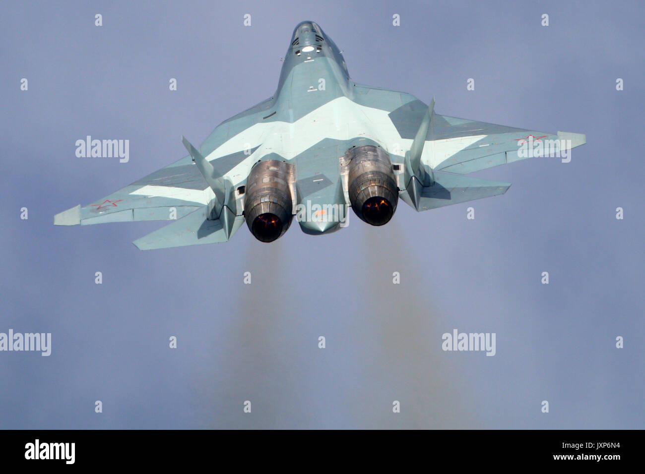 Zhukovsky, Moscow Region, Russia - August 23, 2015: Sukhoi T-50 PAK-FA 054 BLUE of russian air force perfoming demonstration flight in Zhukovsky durin Stock Photo