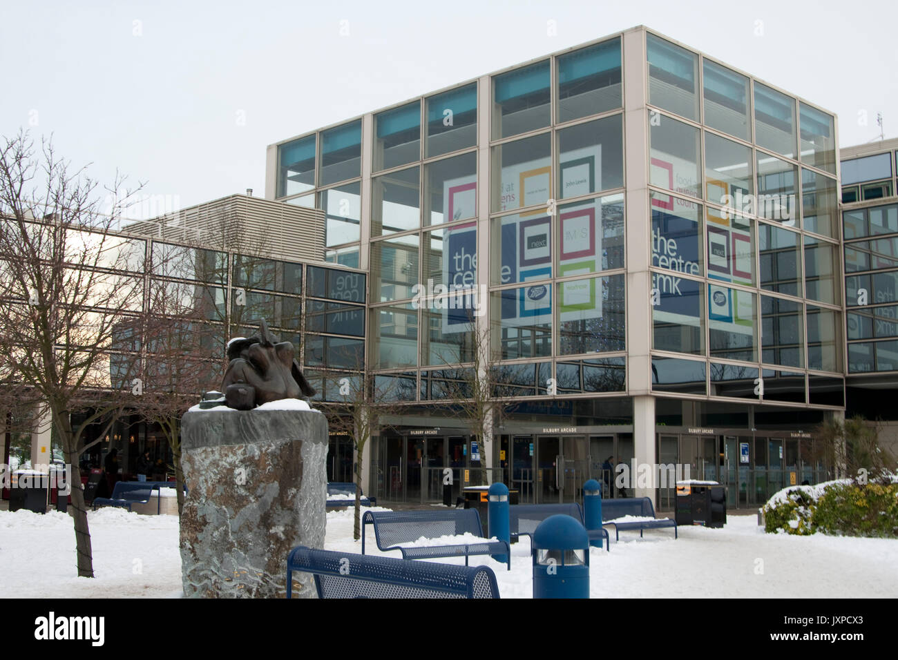 View of The Centre MK in snow. Stock Photo