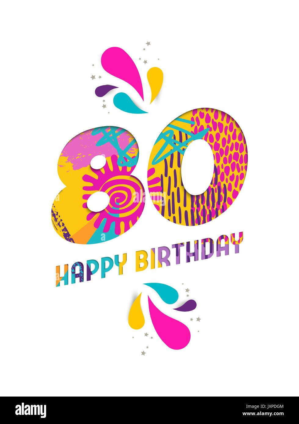 Happy Birthday eighty 80 year, fun paper cut number and text label design with colorful abstract hand drawn art. Ideal for special event poster, greet Stock Vector