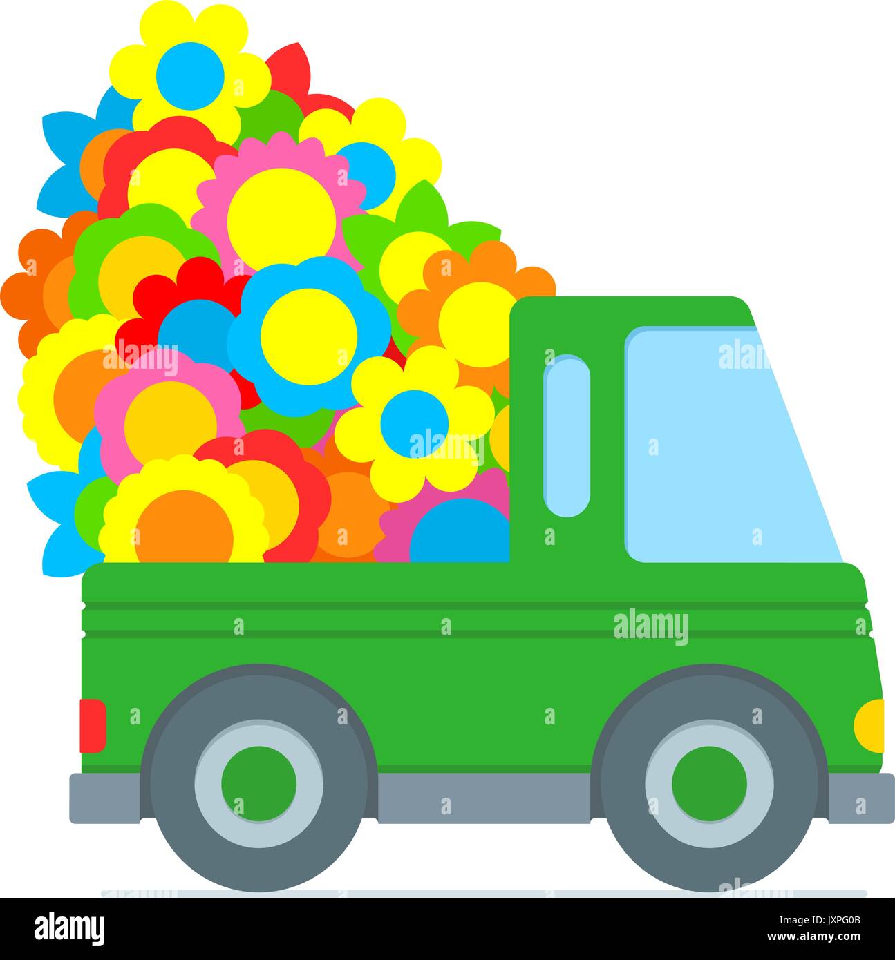 Cute green cartoon car making a flower delivery with the back piled high with colorful summer flowers, vector illustration isolated on white Stock Vector