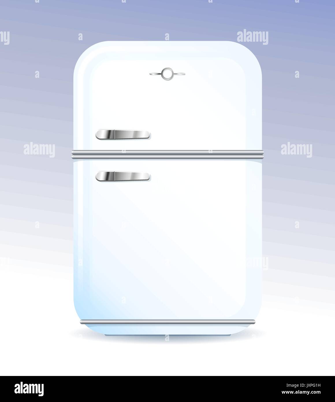 White retro style domestic fridge or refrigerator with freezer compartment on a grey gradient background, vector illustration Stock Vector