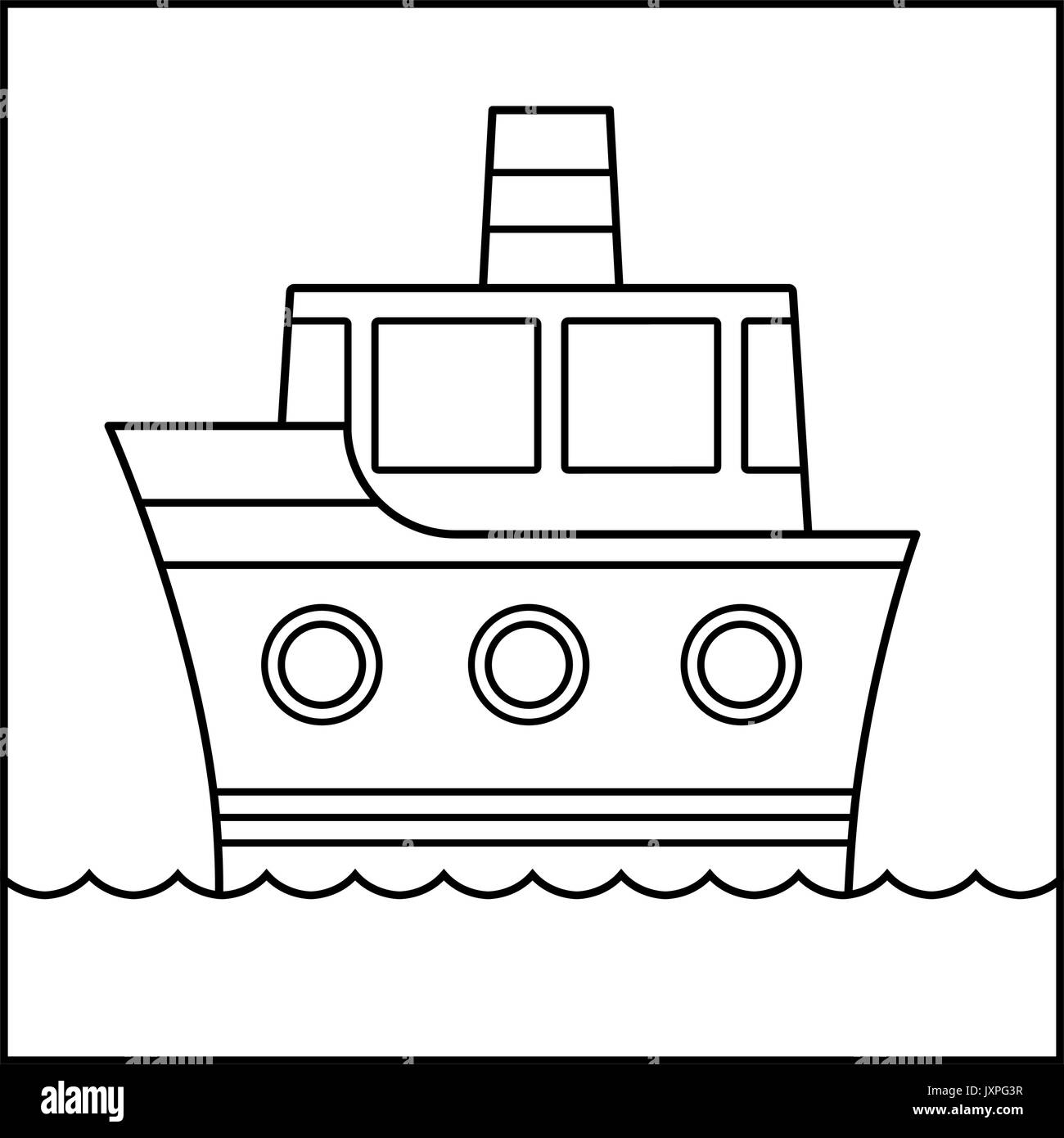 Outline cartoon ship design cruising on water suitable for coloring in for kids, black and white vector illustration Stock Vector
