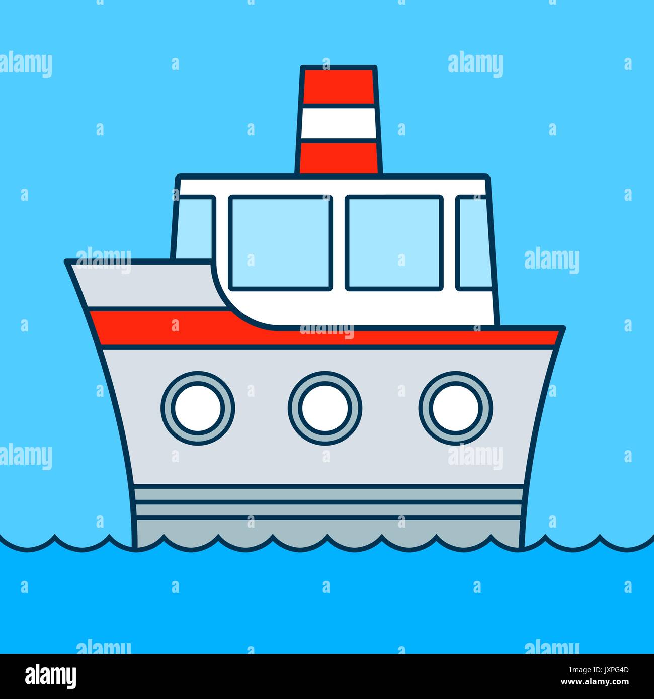 Cute cartoon ship cruising on water with three portholes and funnel, colored vector illustration Stock Vector