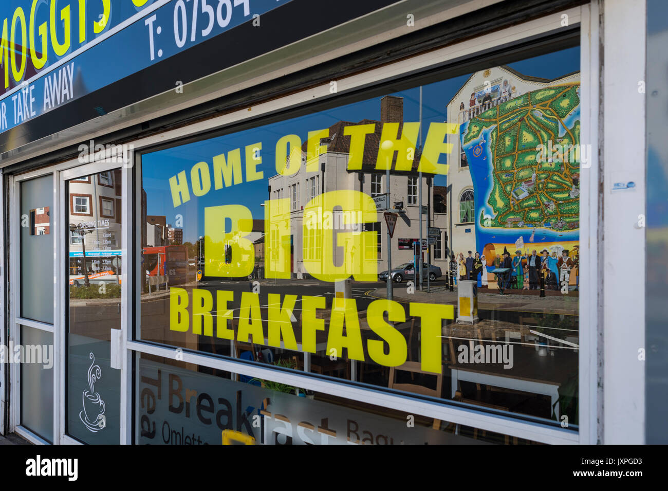 Exterior of a cafe with a sign in the window saying 'Home of the Big Breakfast' Stock Photo