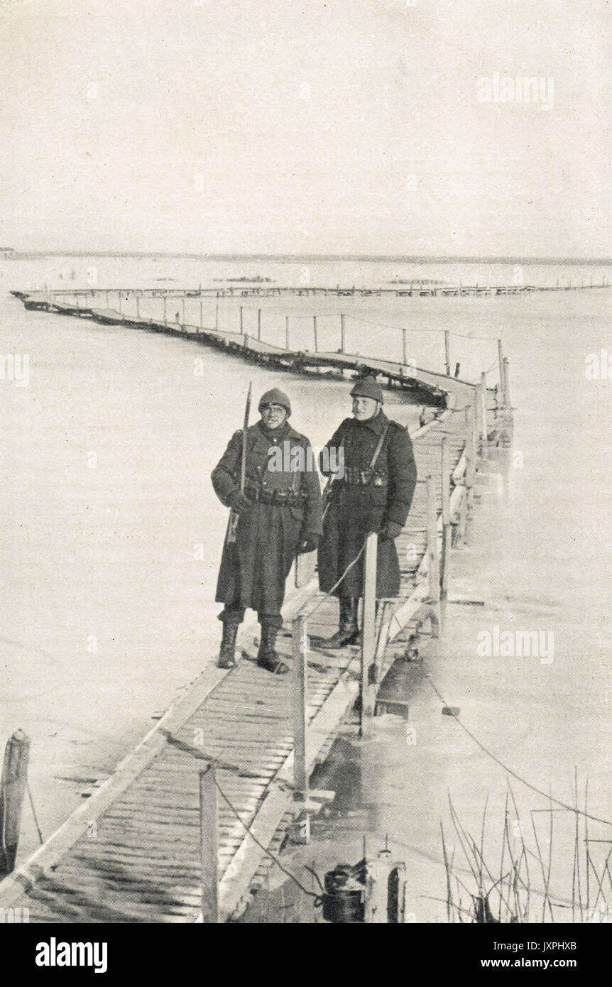 Belgians on guard in watery Flanders WW1 Stock Photo