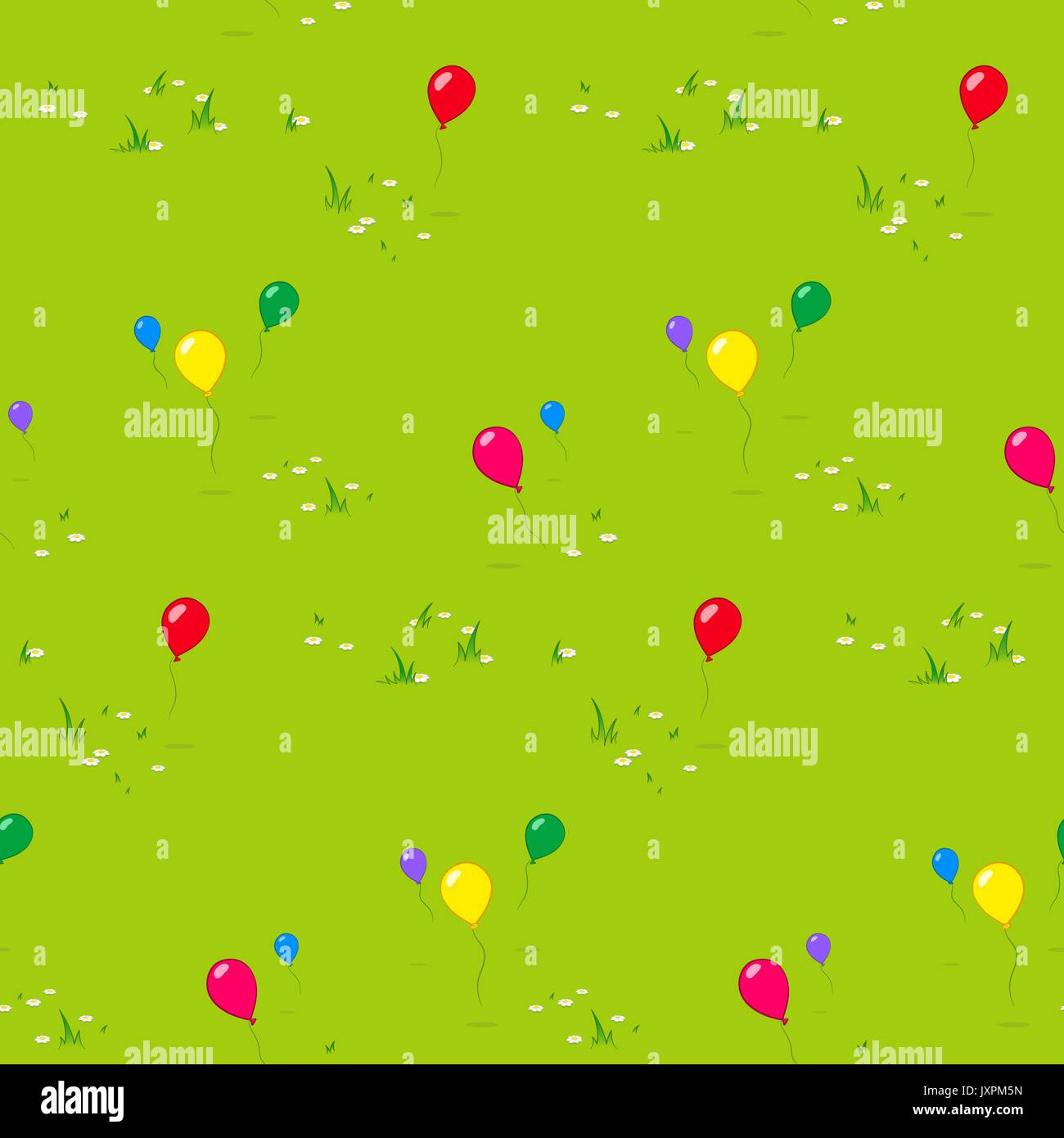 Kids seamless party background with colorful floating balloons over a green grass meadow in square format for print, wallpaper or textile, vector desi Stock Vector