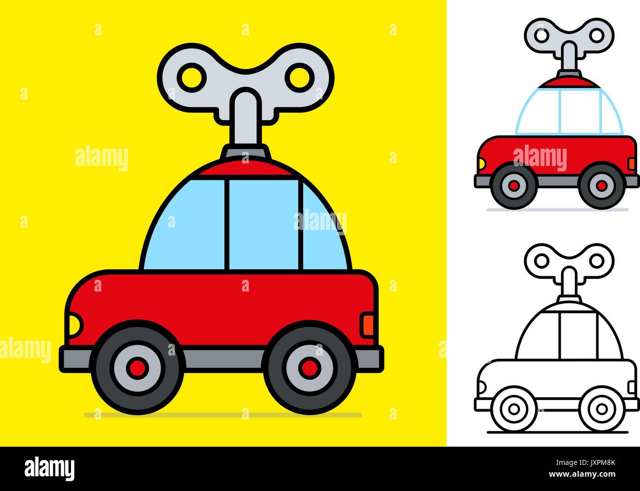 Cute little red cartoon windy car with a large mechanical key on a yellow background for kids, Vector illustration Stock Vector