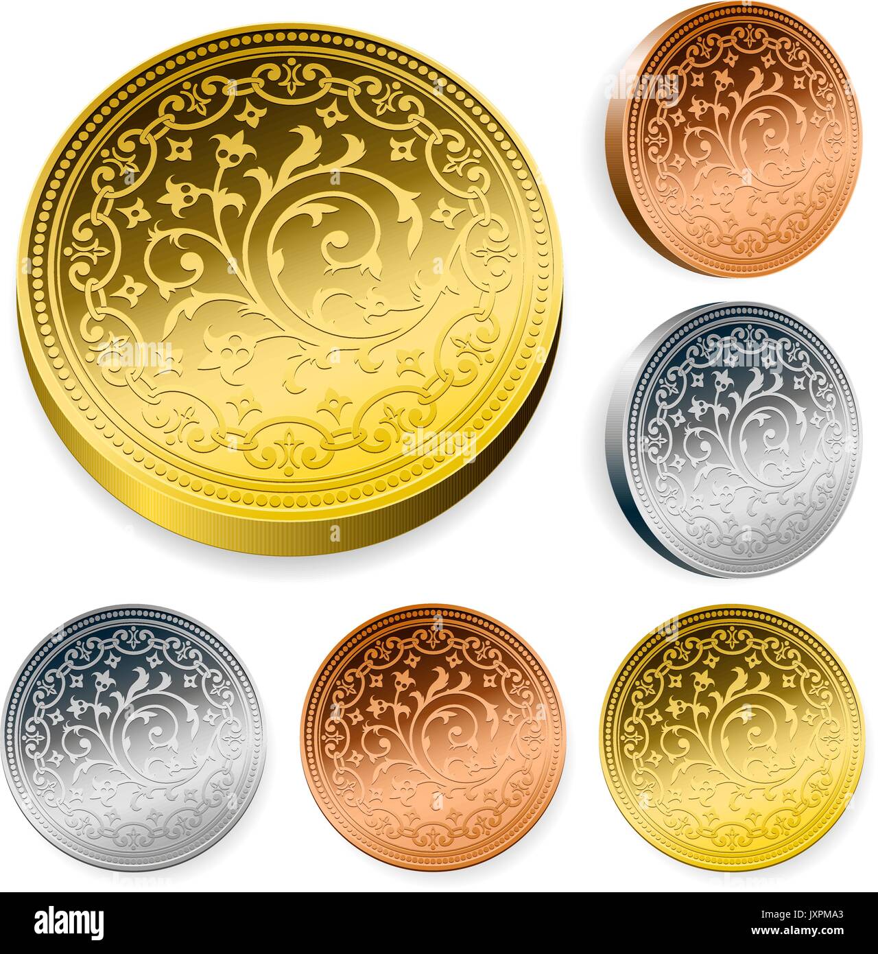 Set of ornate engraved metal coins in silver, gold and bronze with an intricate scroll and floral design and metallic shine two sets in different orie Stock Vector