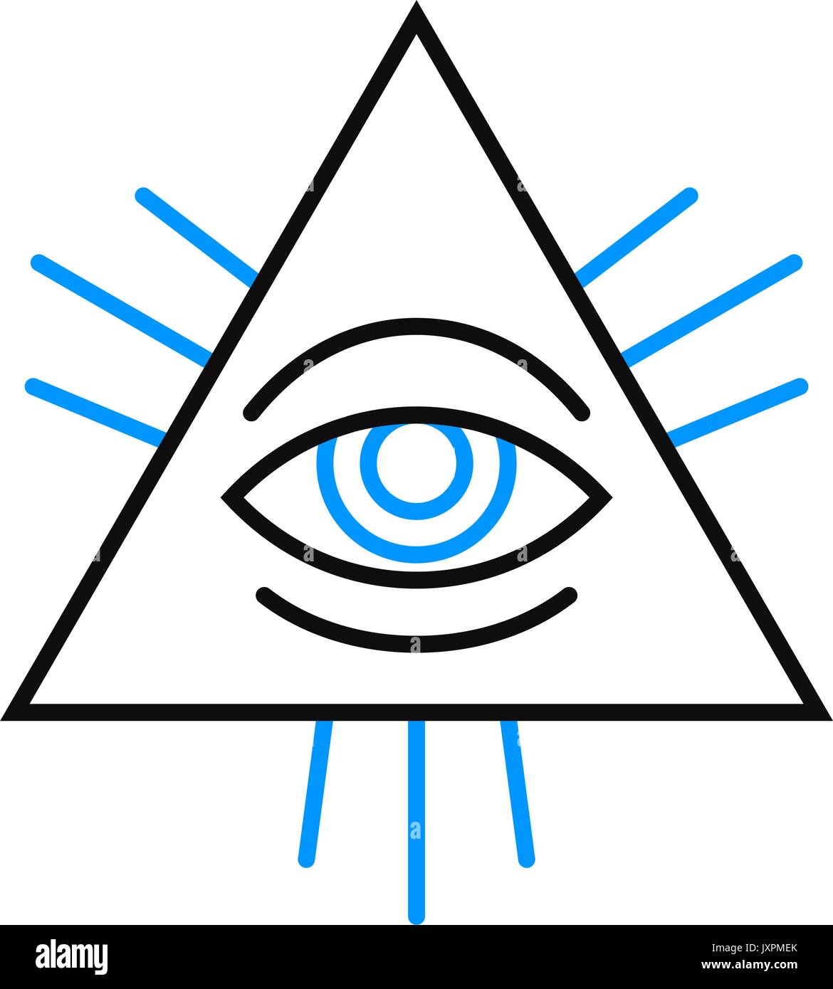 Isolated single human eye symbol inside a pyramid with blue lines for pupil and rays over white, vector illustration Stock Vector